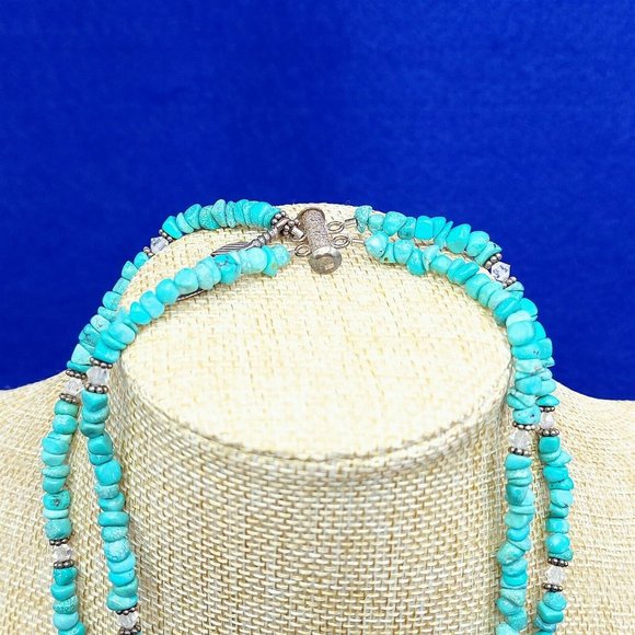 Necklace Choker Turquoise Stone Clear Bead Feather Charm Slide Clasp Vintage 14" - Picture 3 of 8